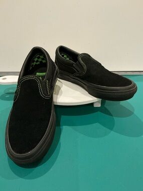 Vans Black Slip-On Sneakers with Green Accents Size 3.5